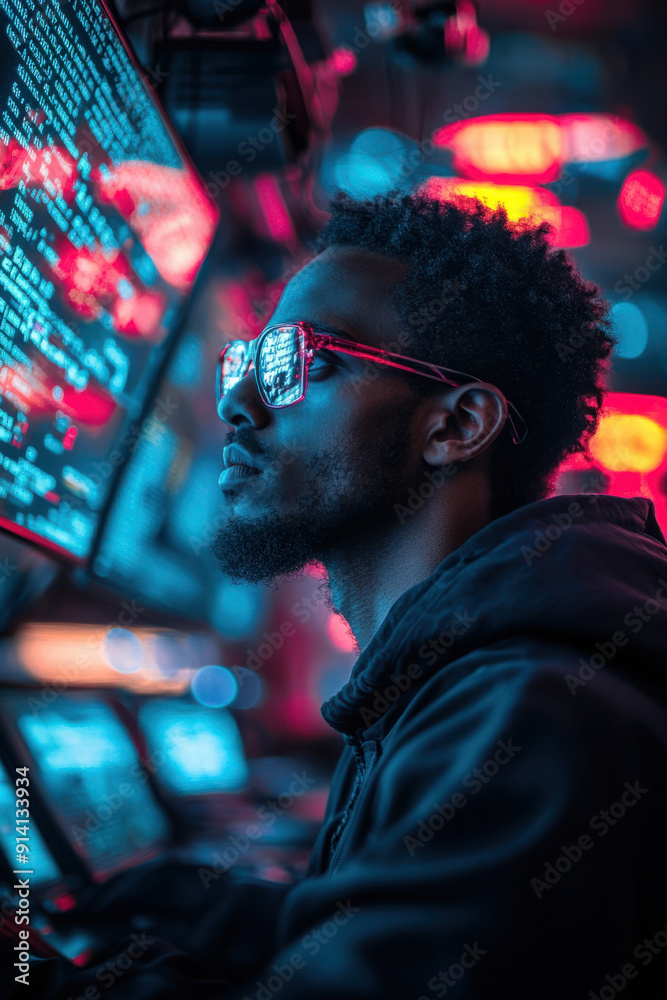 Fototapeta premium ethical hacking, An engrossed hacker sits in profile, his glasses reflecting intricate source code from a hovering holographic display. The workspace is filled with gadgets and