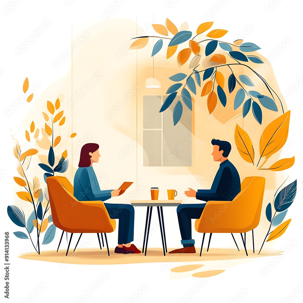 Minimalist Flat Vector Illustration of Interview Scene with Two People, Coffee, and Laptop Minimalist Flat Vector Illustration of Interview Scene with Two People, Coffee, and Laptop