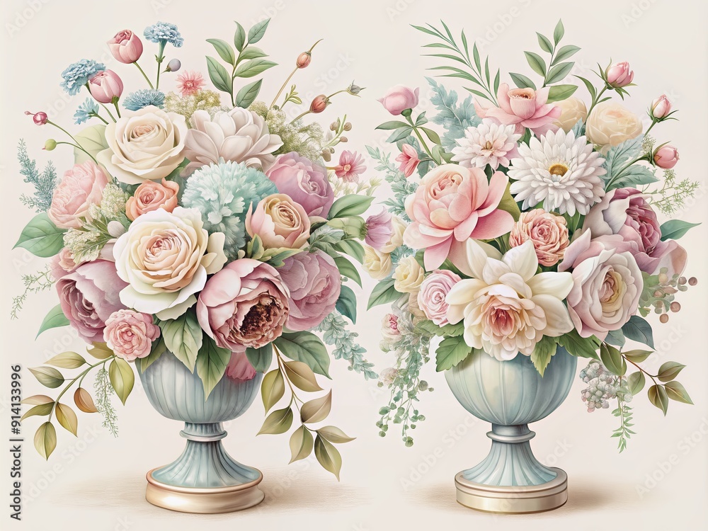 Obraz premium Delicate, identical flower arrangements in soft pastel hues, perfectly symmetrical and meticulously placed in ornate vases, ideal for wedding and greeting card designs, botanical illustrations.