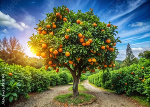 Vibrant orange tree heavily laden with juicy ripe oranges stands tall in a lush grove surrounded by trees, bushes, and a winding dirt path.