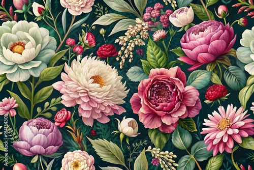 Flowers and plants. Classic seamless print of florals in a chic style. Peonies, roses, asters, leaves and plants for background.