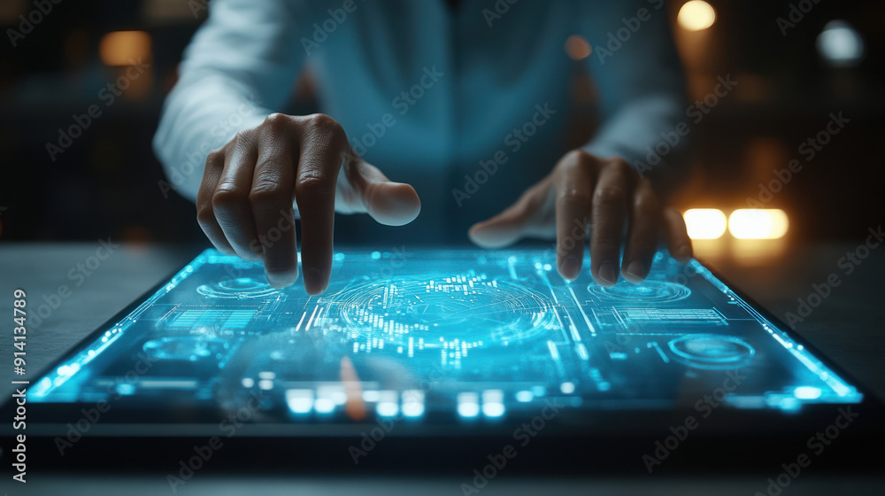 Business technology, A pair of hands engaged with a digital tablet, manipulating various 3D holographic data visualizations above it. The scene is set in a contemporary conference Business technology, A pair of hands engaged with a digital tablet, manipulating various 3D holographic data visualizations above it. The scene is set in a contemporary conference