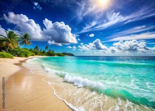 Sun-kissed beach scenery with turquoise waves, powdery white sand, and a vibrant atmosphere, evoking feelings of joy, freedom, and cherished memories in a tropical paradise.