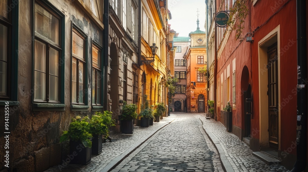 Fototapeta premium A charming street in a historic European city, with ornate architecture and space for a travel or cultural message.