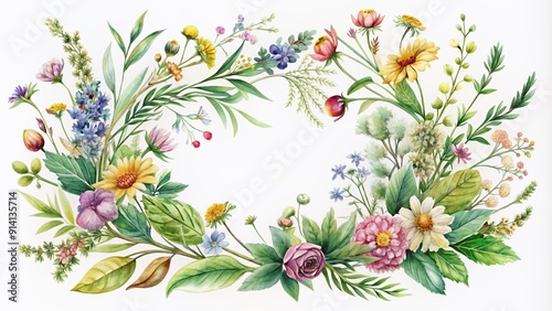 Delicate watercolor illustration of lush wildflowers, herbs, and leaves entwined in whimsical bouquets, borders, and frames, perfect for wedding stationery, wallpapers, and fashion designs.