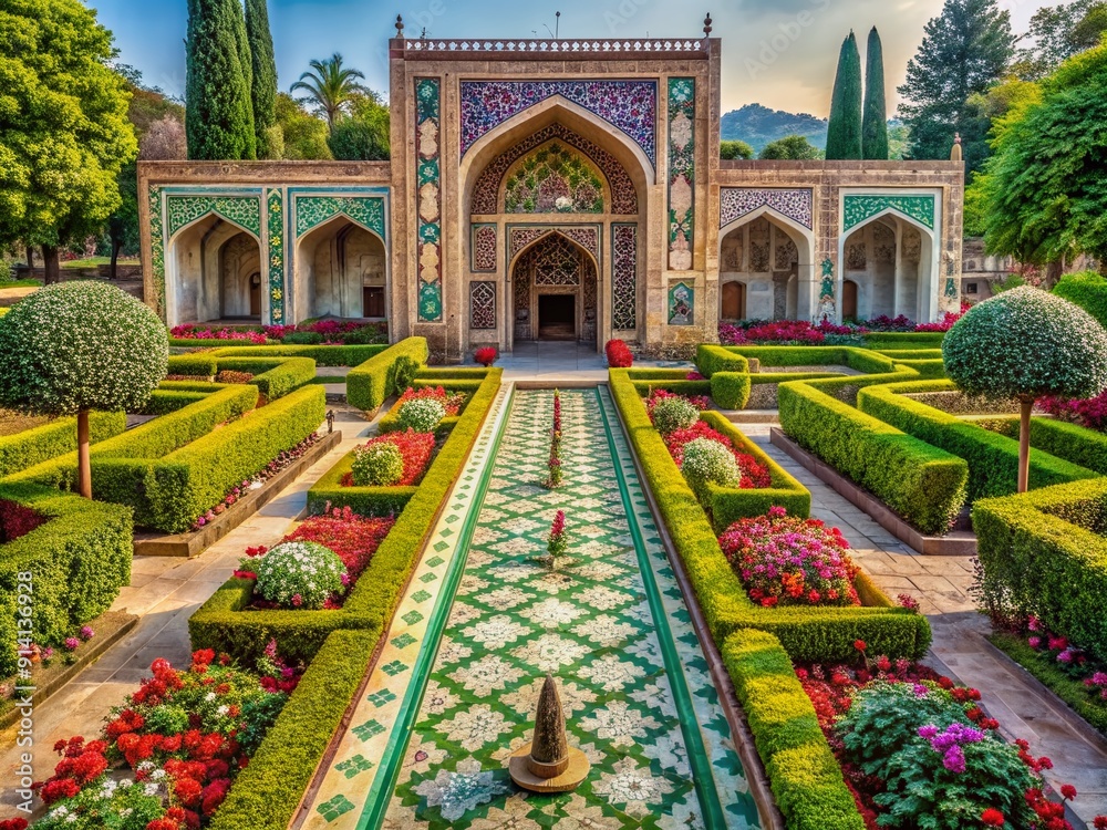 Obraz premium Intricately designed symmetrical Mughal-inspired garden with vibrant floral patterns, Persian influences, and ornate decorative elements adorn the lush green surroundings with majestic archways.