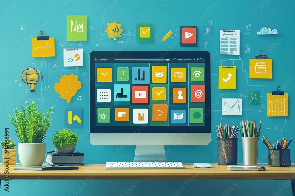 Social media scheduling, planned posts, flat design illustration, No logo, No Trademark, No text, minimal concept with copy space for stock photo Social media scheduling, planned posts, flat design illustration, No logo, No Trademark, No text, minimal concept with copy space for stock photo