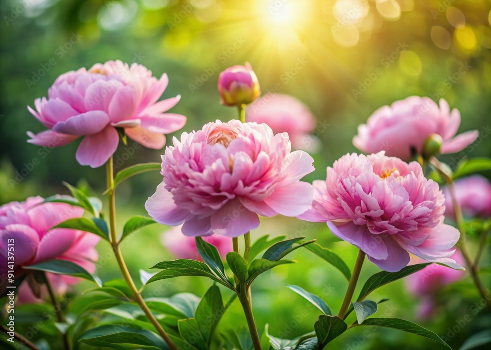 Delicate pink peony blooms with lush green foliage and soft focus background, creating a serene and peaceful atmosphere in a beautiful spring garden setting. Delicate pink peony blooms with lush green foliage and soft focus background, creating a serene and peaceful atmosphere in a beautiful spring garden setting.