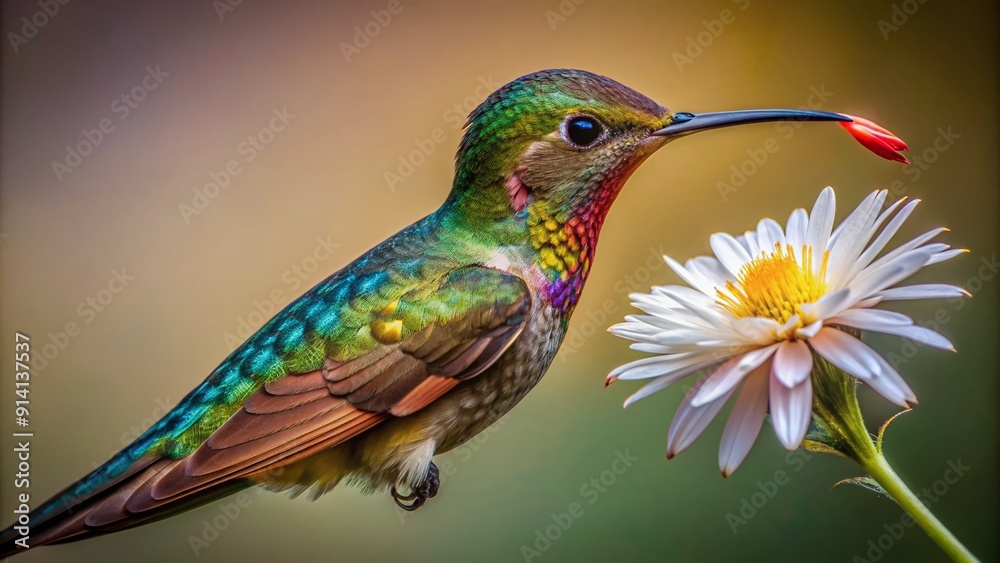 Fototapeta premium Vibrant hummingbird with iridescent feathers inserts beak into delicate white flower, sipping nectar, isolated on transparent background, showcasing intricate details and stunning natural beauty.