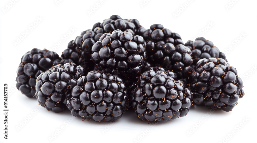 A cluster of blackberries, plump and juicy, arranged on a white background. A cluster of blackberries, plump and juicy, arranged on a white background.