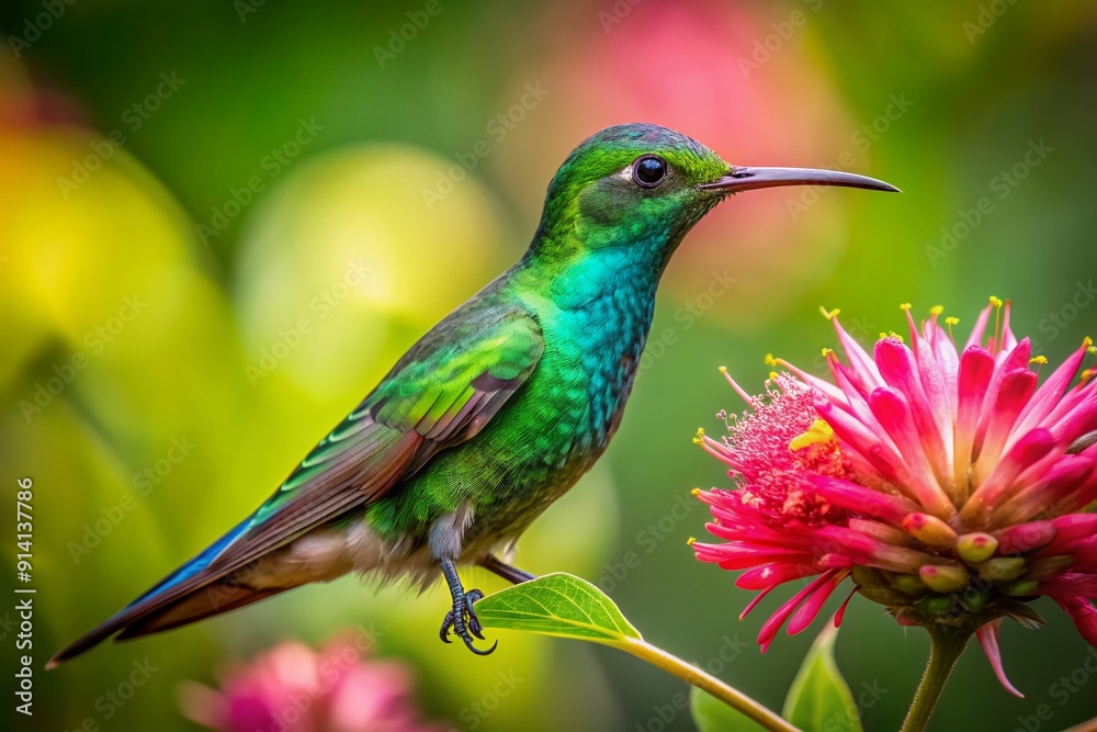Vibrant green hummingbird with iridescent feathers perched on a delicate pink flower, sipping nectar in a lush tropical garden surrounded by foliage. Vibrant green hummingbird with iridescent feathers perched on a delicate pink flower, sipping nectar in a lush tropical garden surrounded by foliage.
