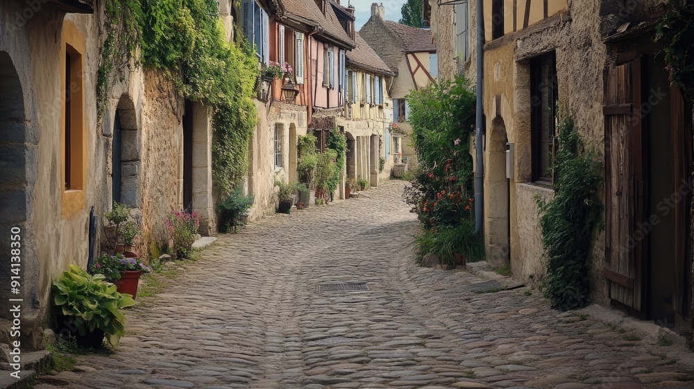 A cobblestone street in a quaint European village, with charming buildings and a central space for a travel message. A cobblestone street in a quaint European village, with charming buildings and a central space for a travel message.
