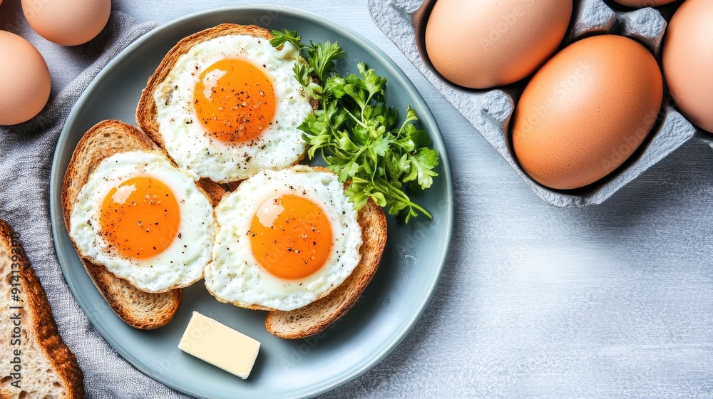 Three perfectly fried eggs sit atop toasted bread, garnished with fresh greens and accompanied by a butter pat and raw eggs nearby Three perfectly fried eggs sit atop toasted bread, garnished with fresh greens and accompanied by a butter pat and raw eggs nearby