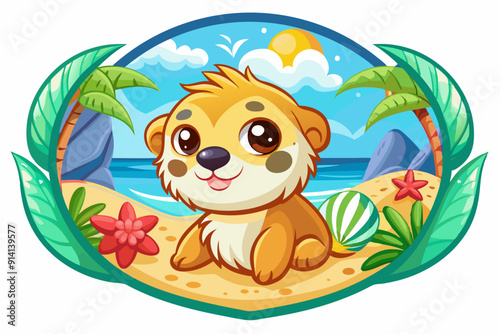 Cute Cartoon Lion Cub Relaxing on a Tropical Beach