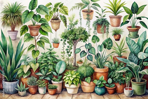 Whimsical watercolor illustrations of lush foliage and vines swirl behind realistic depictions of potted plants, blurring digital and natural worlds in a dreamy artifact. photo