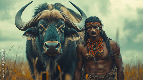 South Indian Tribal Hero with Buffalo in Landscape photo