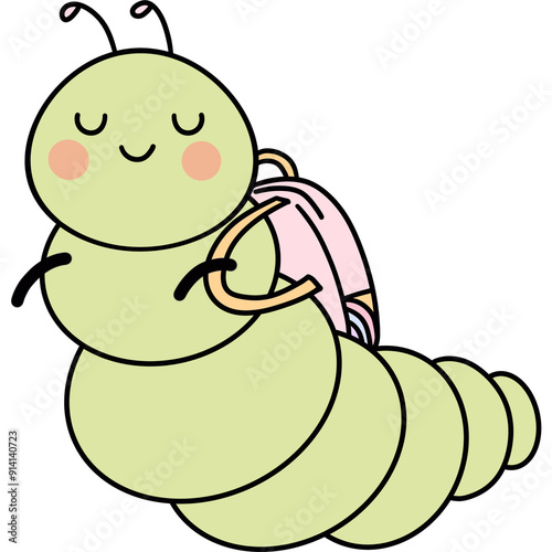 Retro groovy pastel caterpillar with backpack clipart Trendy cartoon doodle drawing school supplies art illustration