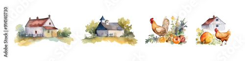 Watercolor farm barn illustration. Village element collection.