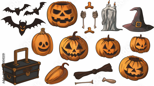 Spooky Halloween Clipart Collection: A delightful set of hand-drawn Halloween elements, perfect for adding a touch of eerie charm to your projects. This collection features jack-o-lanterns, bats, cand photo