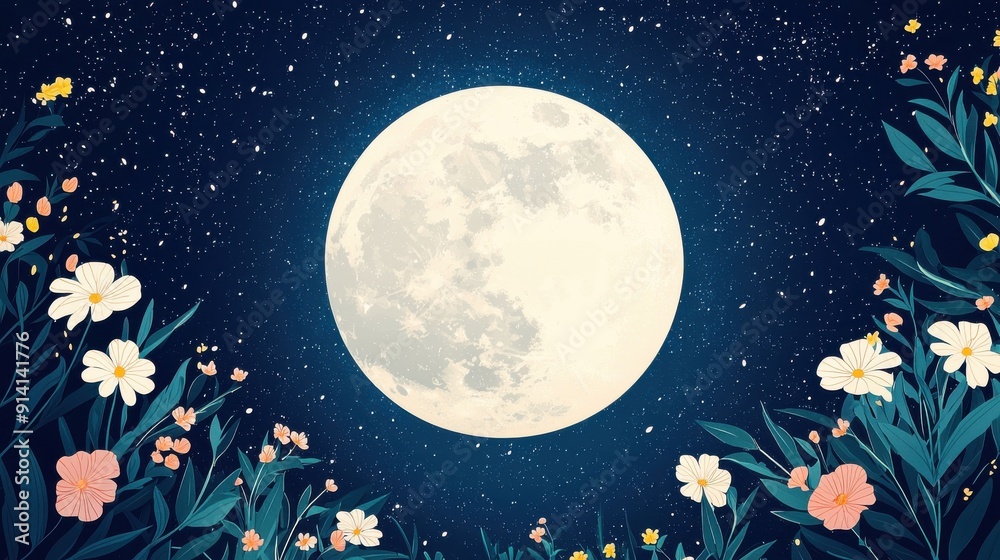 Fototapeta premium A serene night scene featuring a luminous moon surrounded by colorful flowers, creating a calming atmosphere filled with stars.