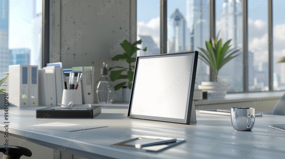 Fototapeta premium An office space with a sleek photo frame on the desk