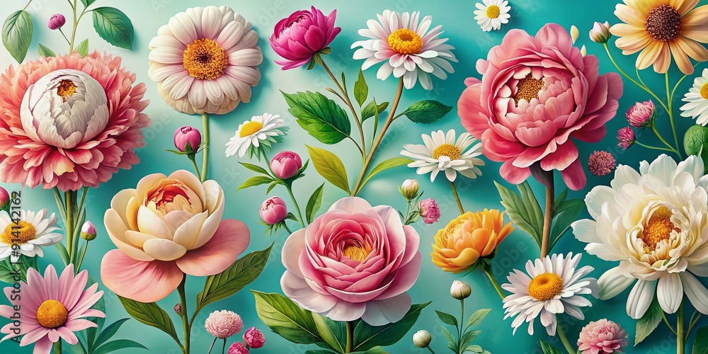 Φωτογραφία Vibrant hand-drawn floral illustrations of blooming peonies, roses, and daisies on pastel backgrounds for social media posts, blogs, and modern design layouts, perfect for spring and summer themes