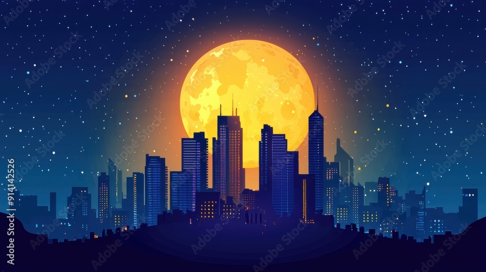 Fototapeta premium A vibrant city skyline illuminated by a large, glowing full moon against a starry night sky.