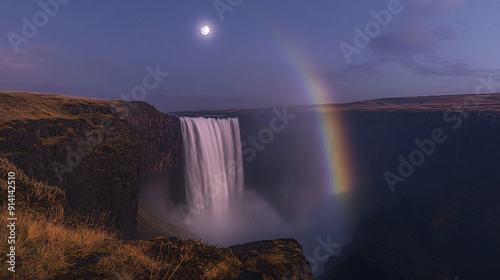 Moonlit Waterfall with Rainbow