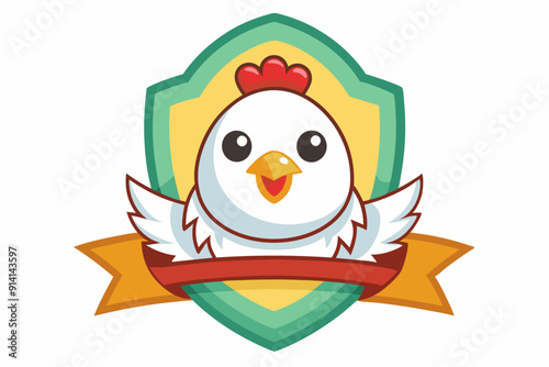 Cartoon Chicken with Wings Inside a Shield and Banner
