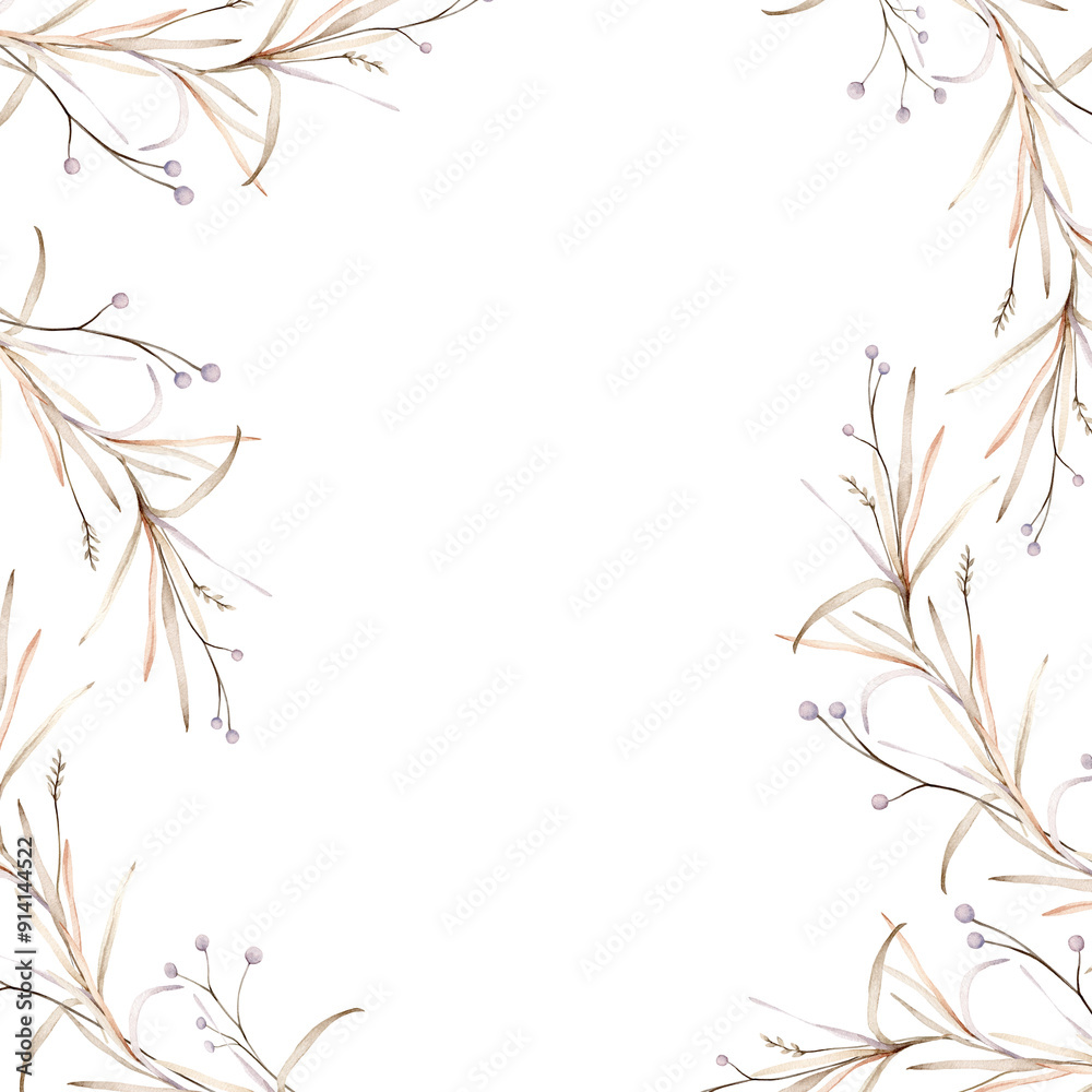 Frame with light round violet flowers. Watercolor hand painting illustration on isolated background. Banner of flowers with herbs and dried branches. Botanical floral autumn composition pastel color. Frame with light round violet flowers. Watercolor hand painting illustration on isolated background. Banner of flowers with herbs and dried branches. Botanical floral autumn composition pastel color.
