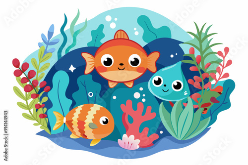 Cartoon Fish and Water Drop in Underwater Scene