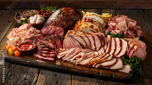 Selection of Sliced and Whole Meats on Wooden Table photo