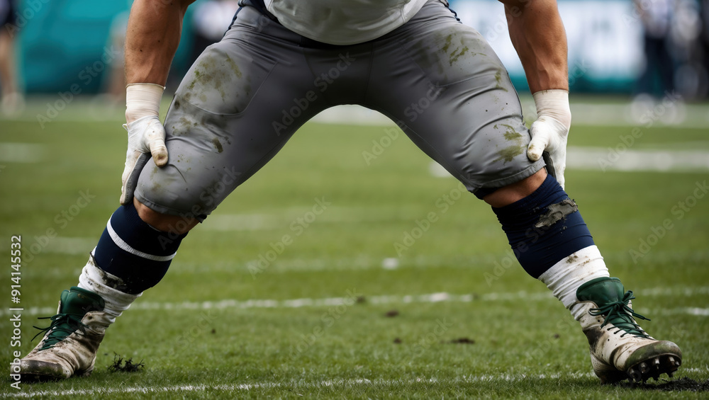 American football player taking an offensive stance on the field American football player taking an offensive stance on the field