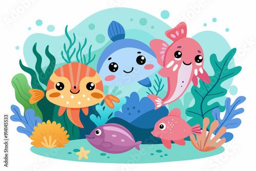 Colorful Cartoon Fish Surrounded by Underwater Plants