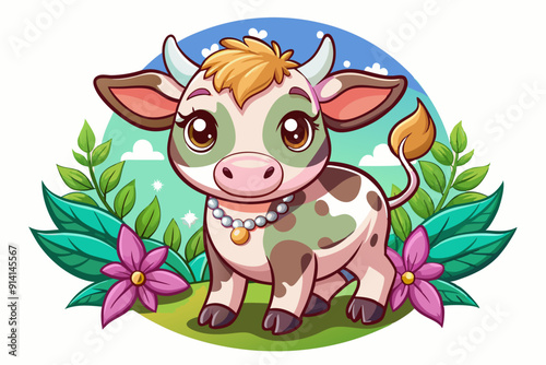 Adorable Cartoon Cow with Flowers and Green Leaves