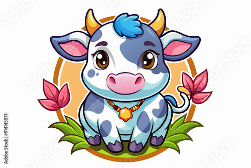Cute Cartoon Cow with Blue and White Spots Sitting on Grass
