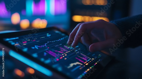 A person using a tablet to trade cryptocurrency on a digital exchange platform