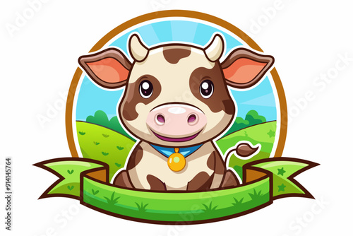 Cute Cartoon Cow with Brown and White Spots in a Green Field