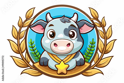 Cute Cartoon Cow With Golden Laurel Wreath And Star Medal