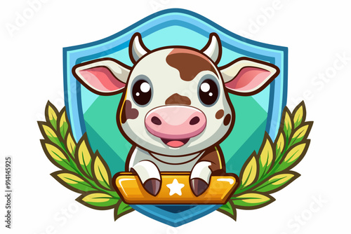 Cartoon Cow with Shield and Leaves Mascot