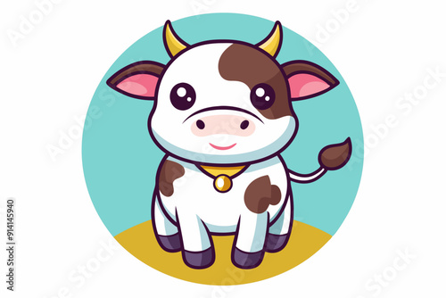 Cute Cartoon Cow with Brown Spots and Golden Collar