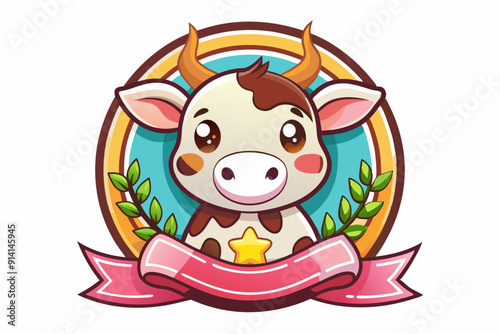 Cartoon Cow with Horns in a Circular Frame with a Ribbon