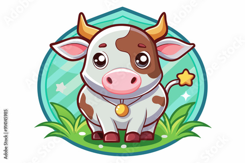 Cartoon Cow with Brown Spots in a Green Field