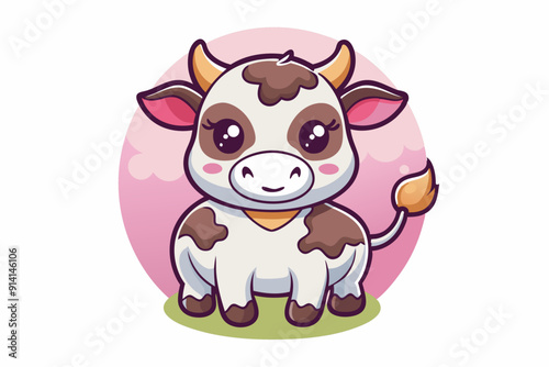 Cute Cartoon Cow with Pink Ears and Brown Spots