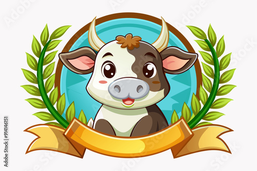 Cute Cartoon Cow with Green Leaves and Gold Ribbon