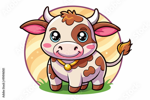 Cartoon Illustration of a Smiling Brown and White Cow