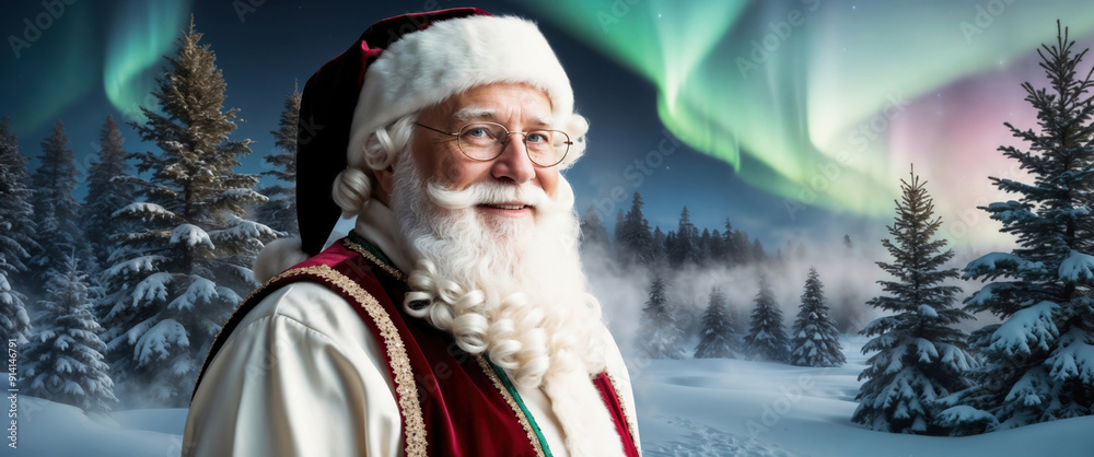 Fototapeta premium Santa Claus smiling in front of northern lights and snowy forest background