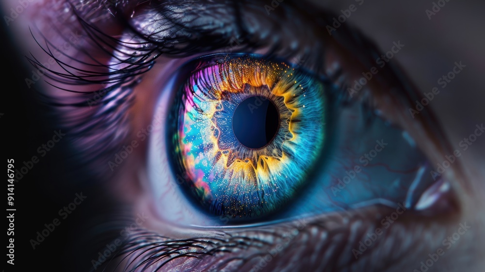 A striking close-up view of a human eye showcasing vibrant colors and intricate details, capturing the essence of perception. A striking close-up view of a human eye showcasing vibrant colors and intricate details, capturing the essence of perception.
