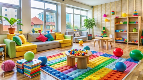 Vibrant play area filled with colorful toys, balls, and blocks, surrounded by comfy couches, encouraging little ones to learn, play, and make new friends together. photo