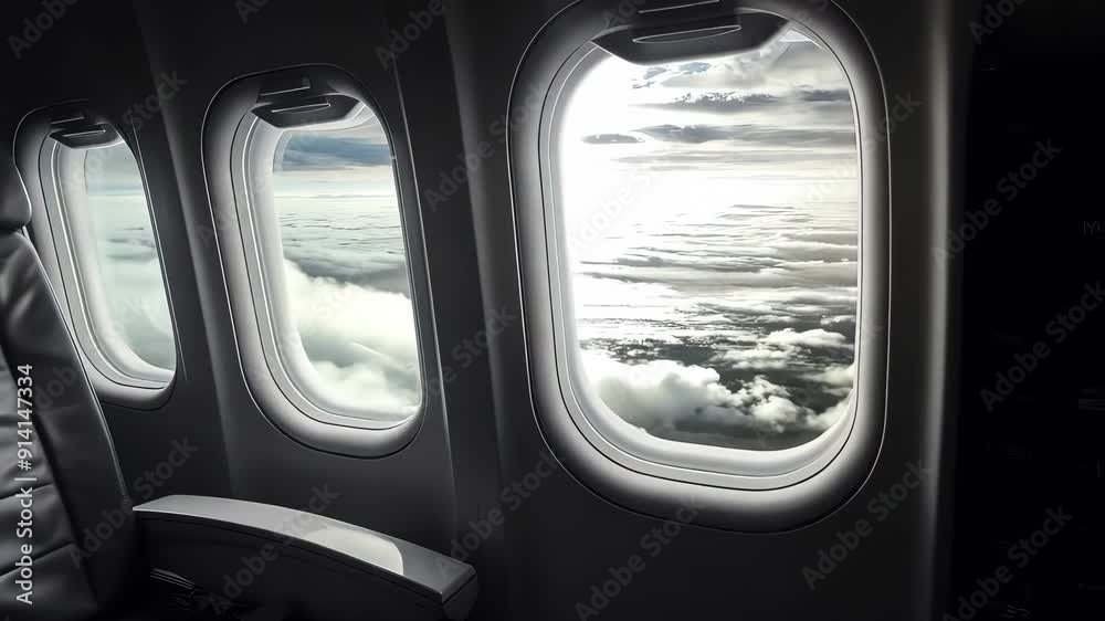Airplane window view of clouds and sky, travel concept Airplane window view of clouds and sky, travel concept
